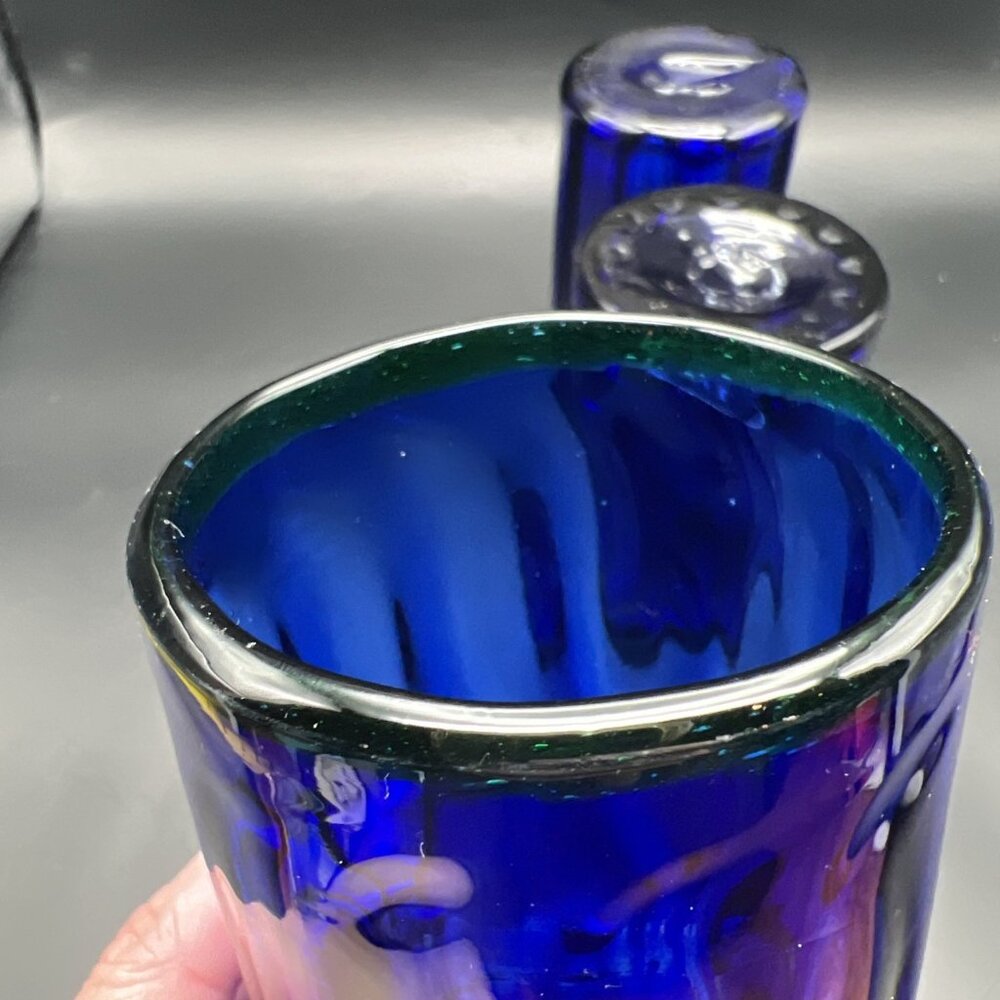 Set Of 3 Hand Blown Mexican Glasses Cobalt Blue Swirl Green Rim ~5" - Picture 8 of 14